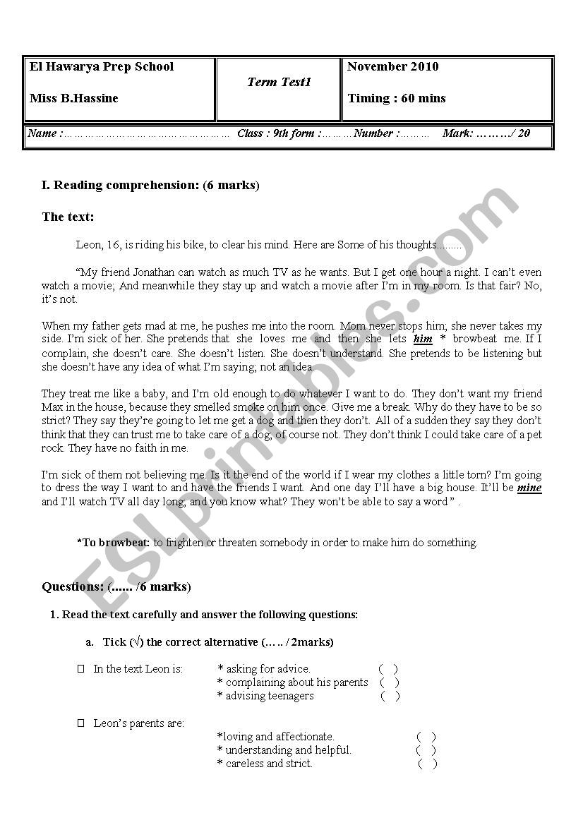 Term test1 9th form worksheet