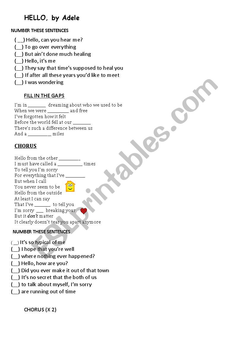 Hello song by Adele worksheet