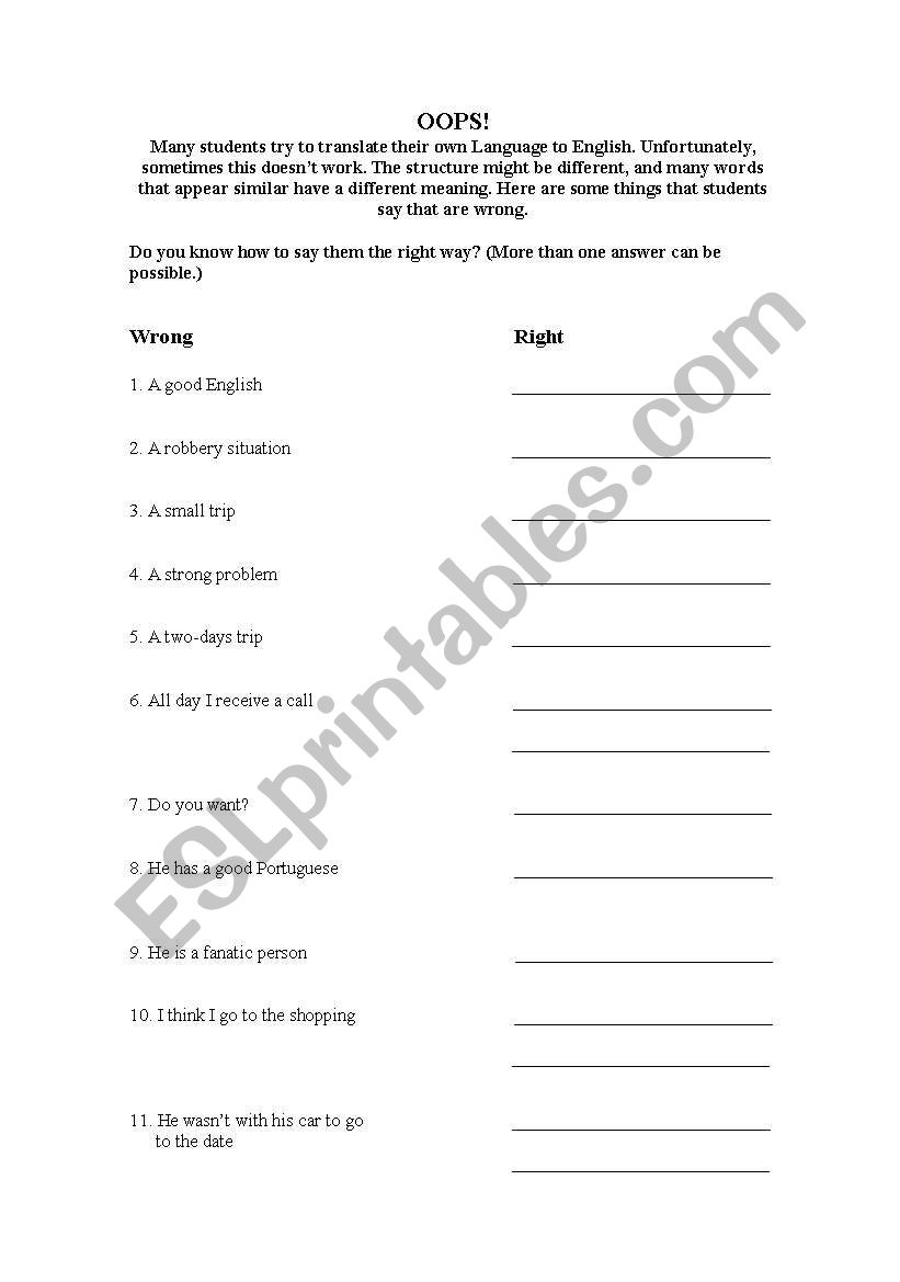 Commom Mistakes in English worksheet
