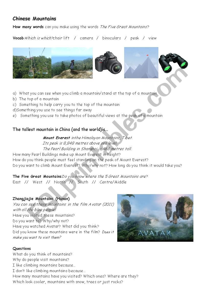 Chinese Mountains worksheet