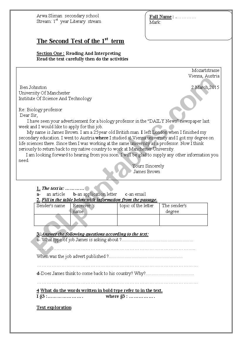 test letter of application  worksheet