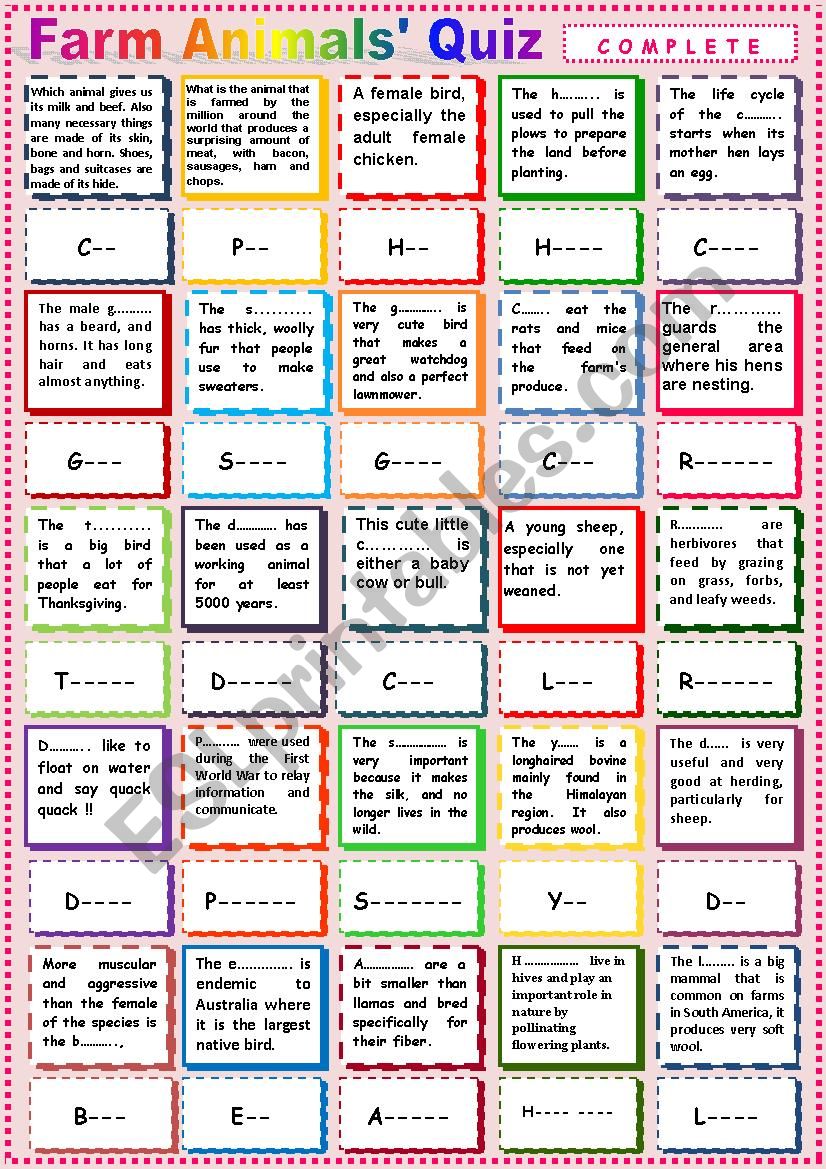 Farm Animals Quiz ESL. worksheet