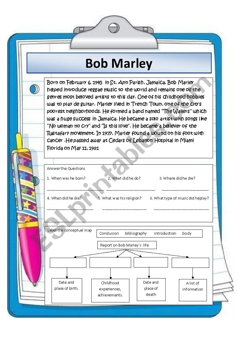Bob Marley short biography worksheet