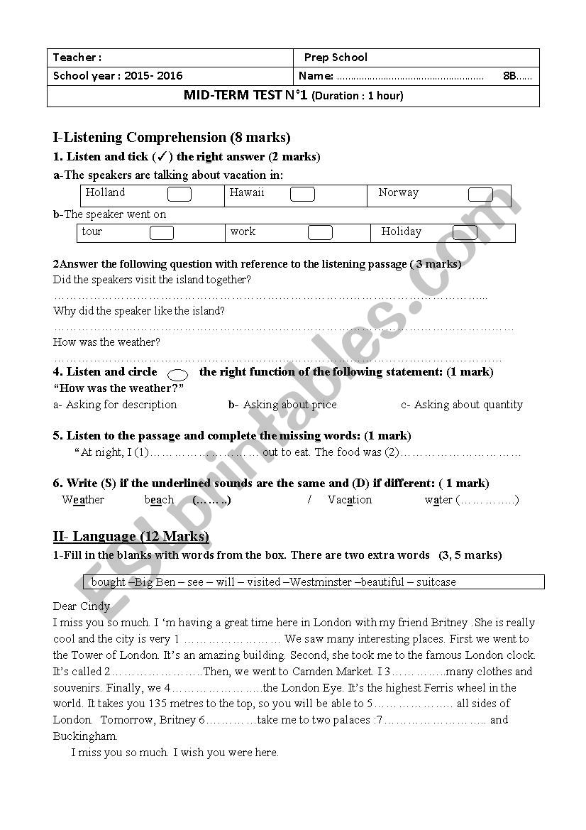 8th form test 1 worksheet