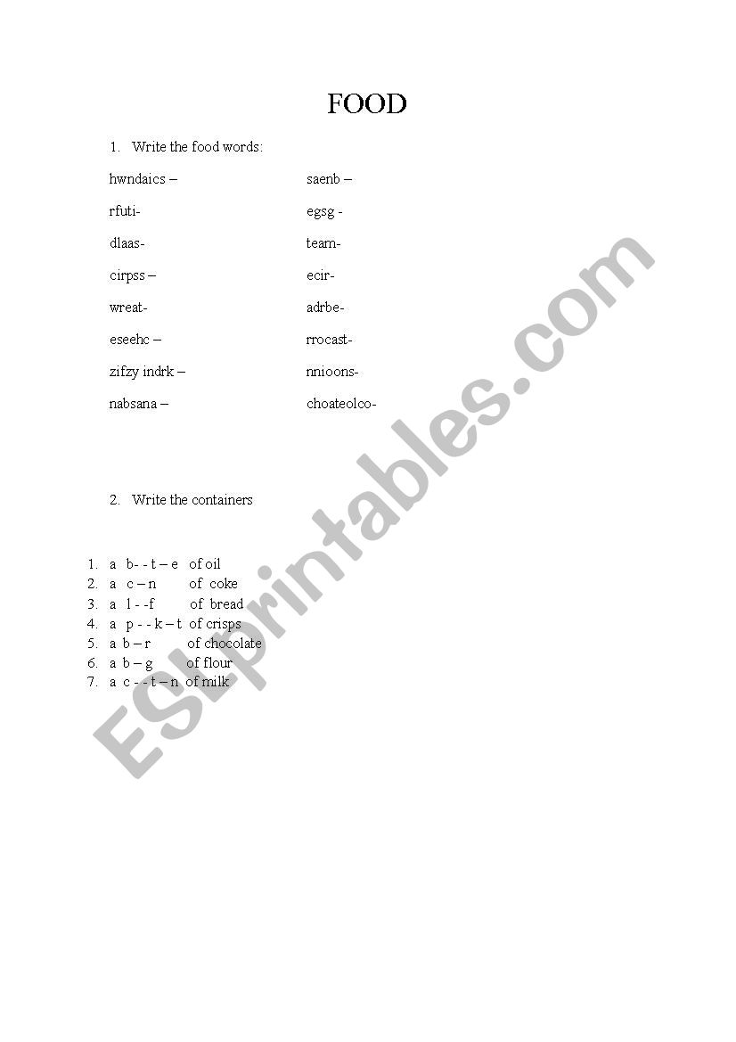 Food and containers worksheet