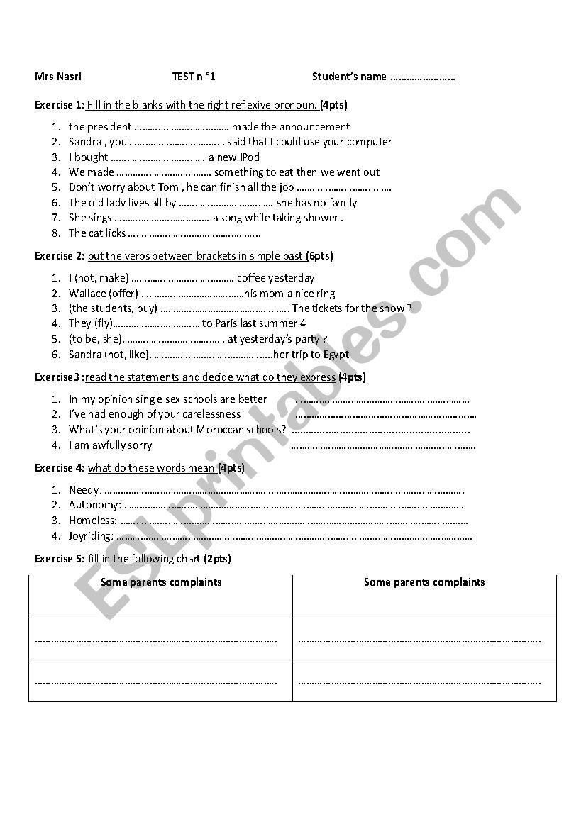 test worksheet