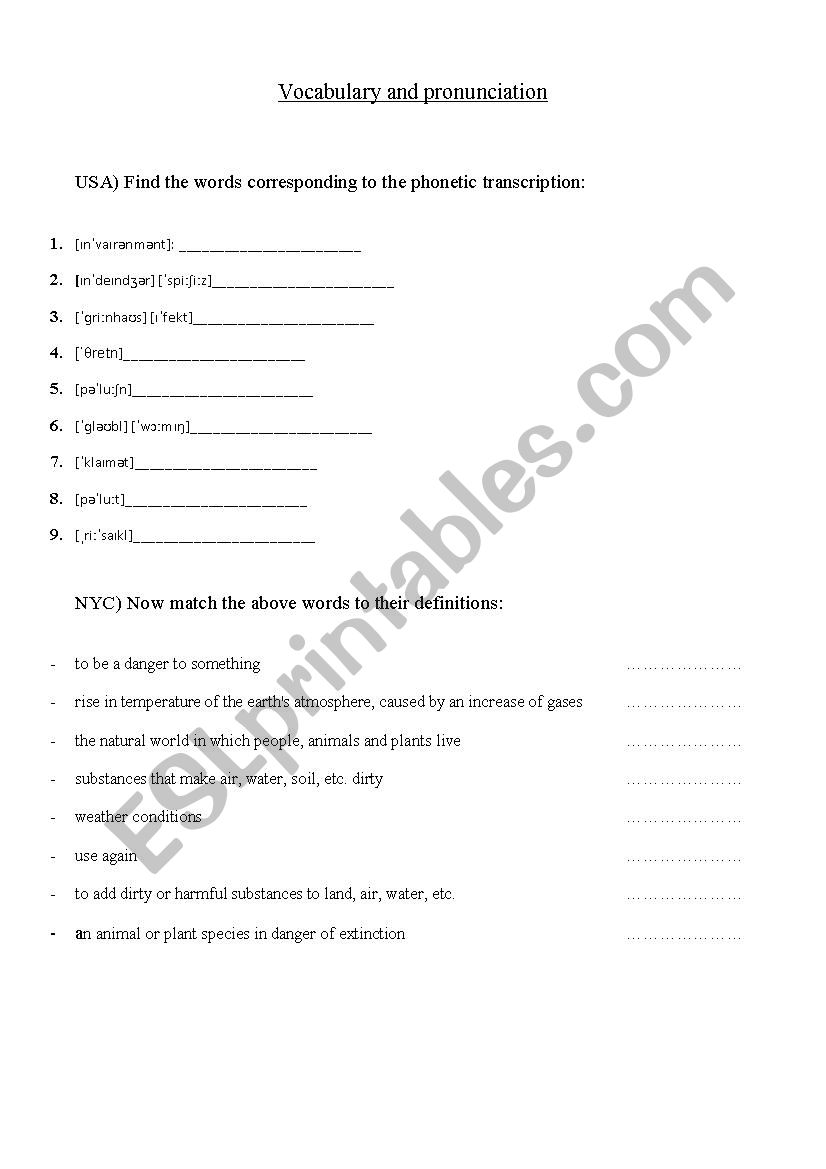 Environment vocabulary and  pronunciation