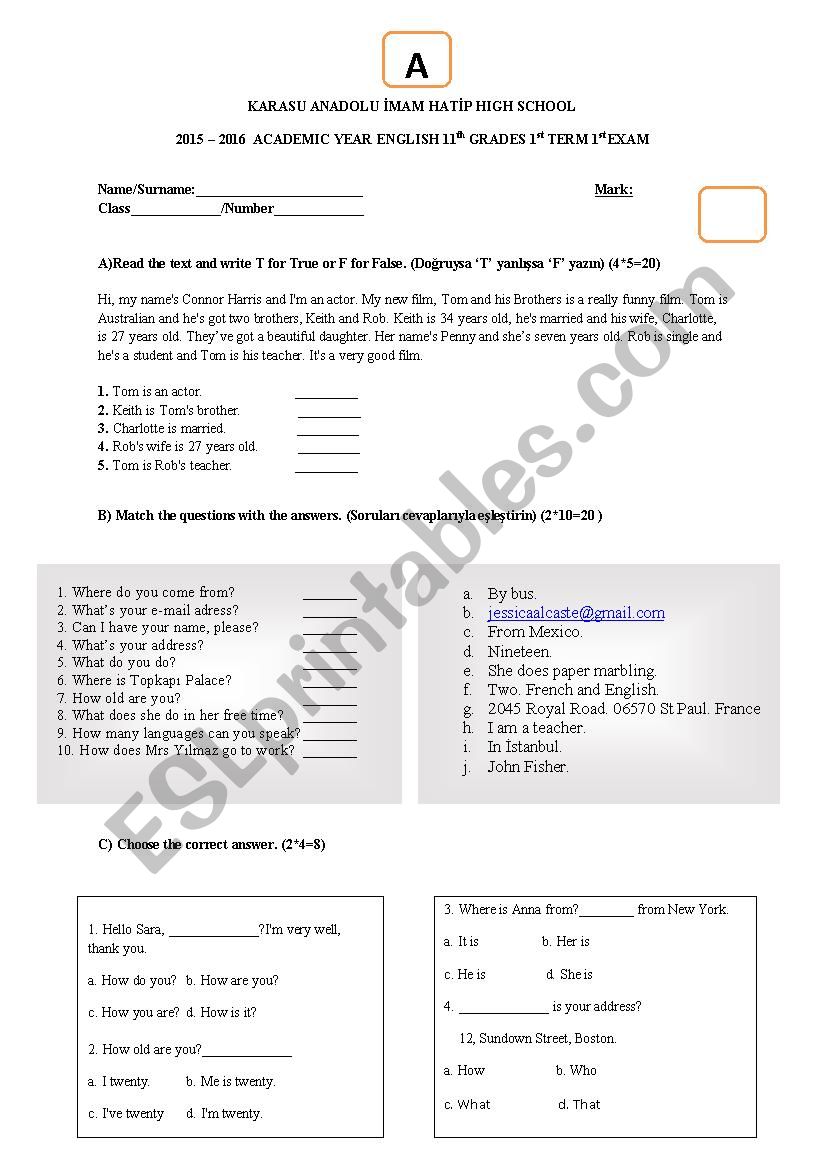 11.grade 1.term 1.exam worksheet