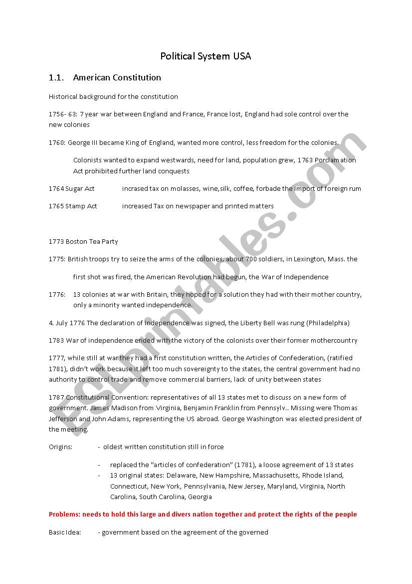 Political System in the USA worksheet