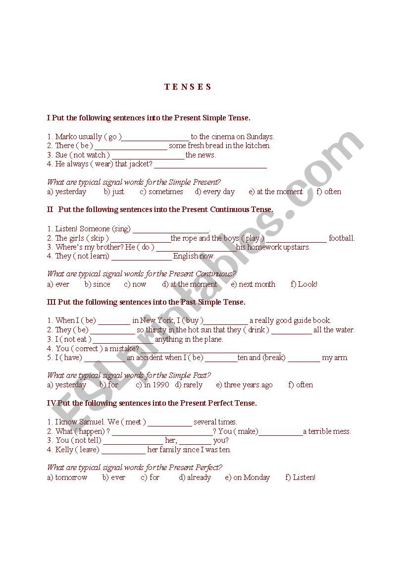 Tenses worksheet