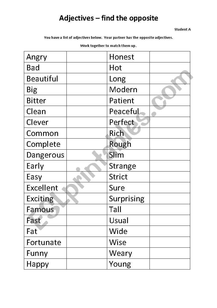 Opposite adjectives - pair work