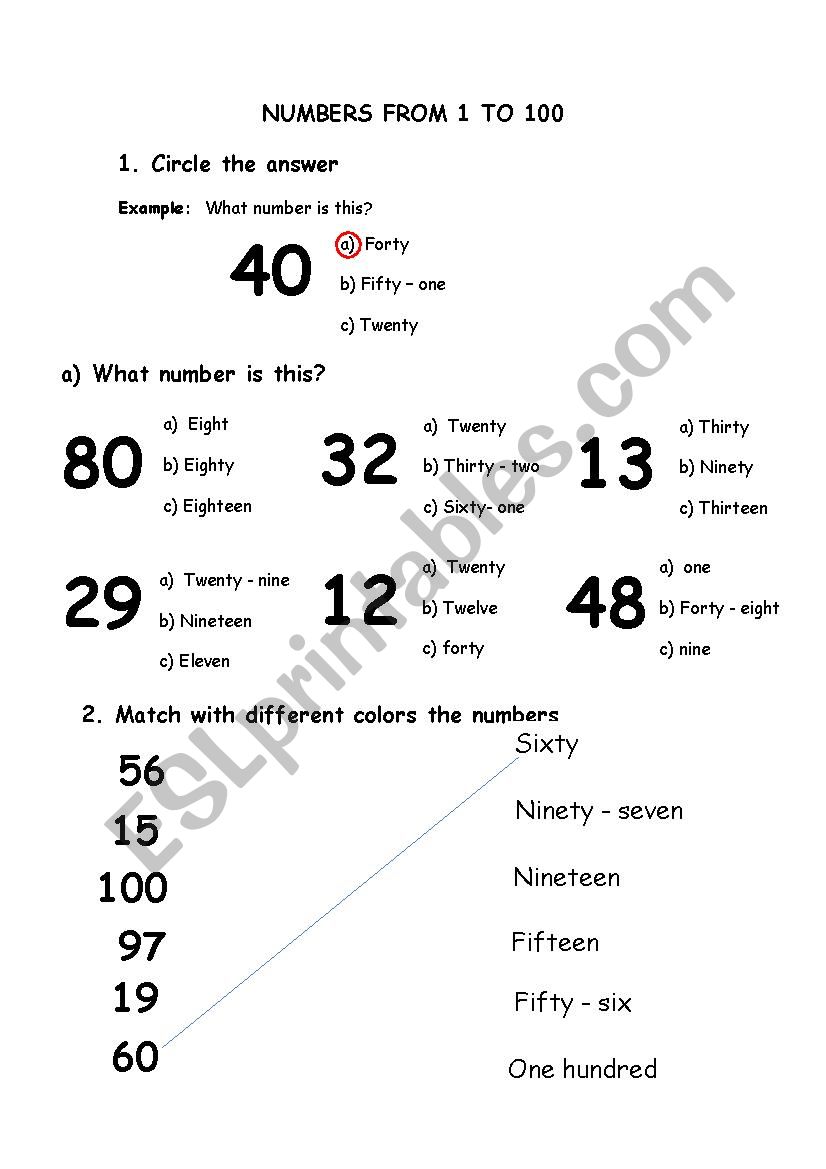 NUMBERS FROM 1 TO 100 worksheet