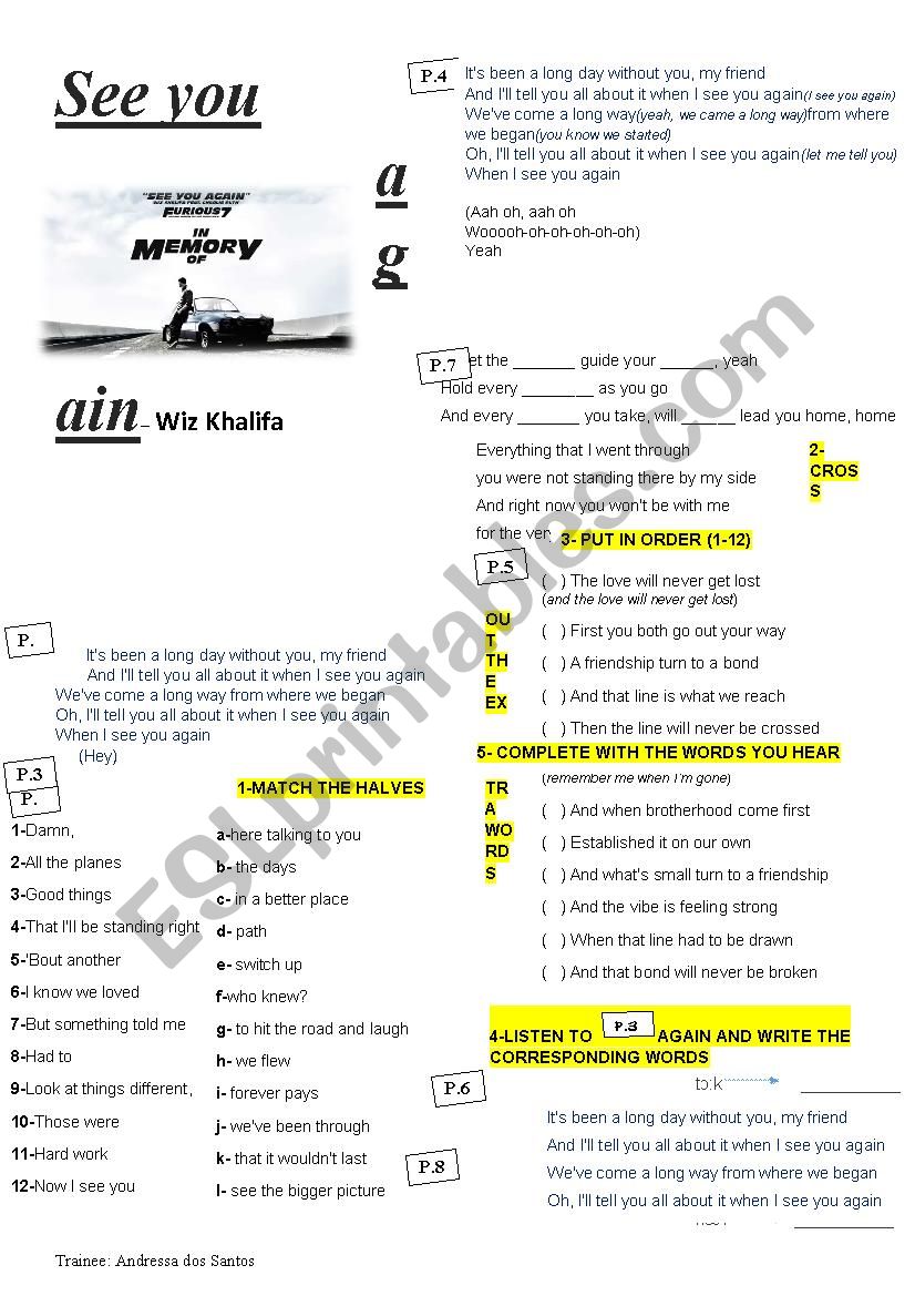 See you again by Wiz Khalifa worksheet