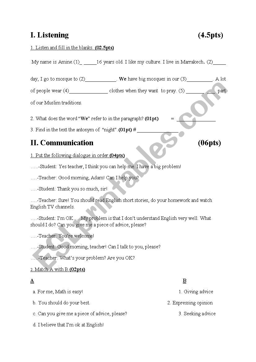 test for elementary students worksheet