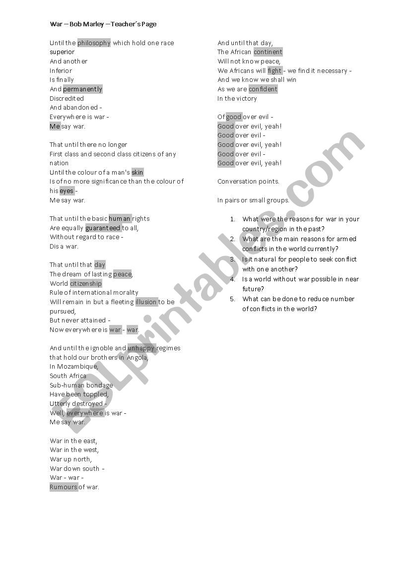 War - Bob Marley  worksheet