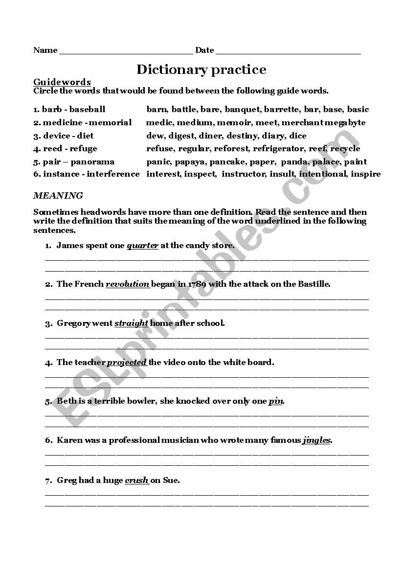 Dictionary review worksheet