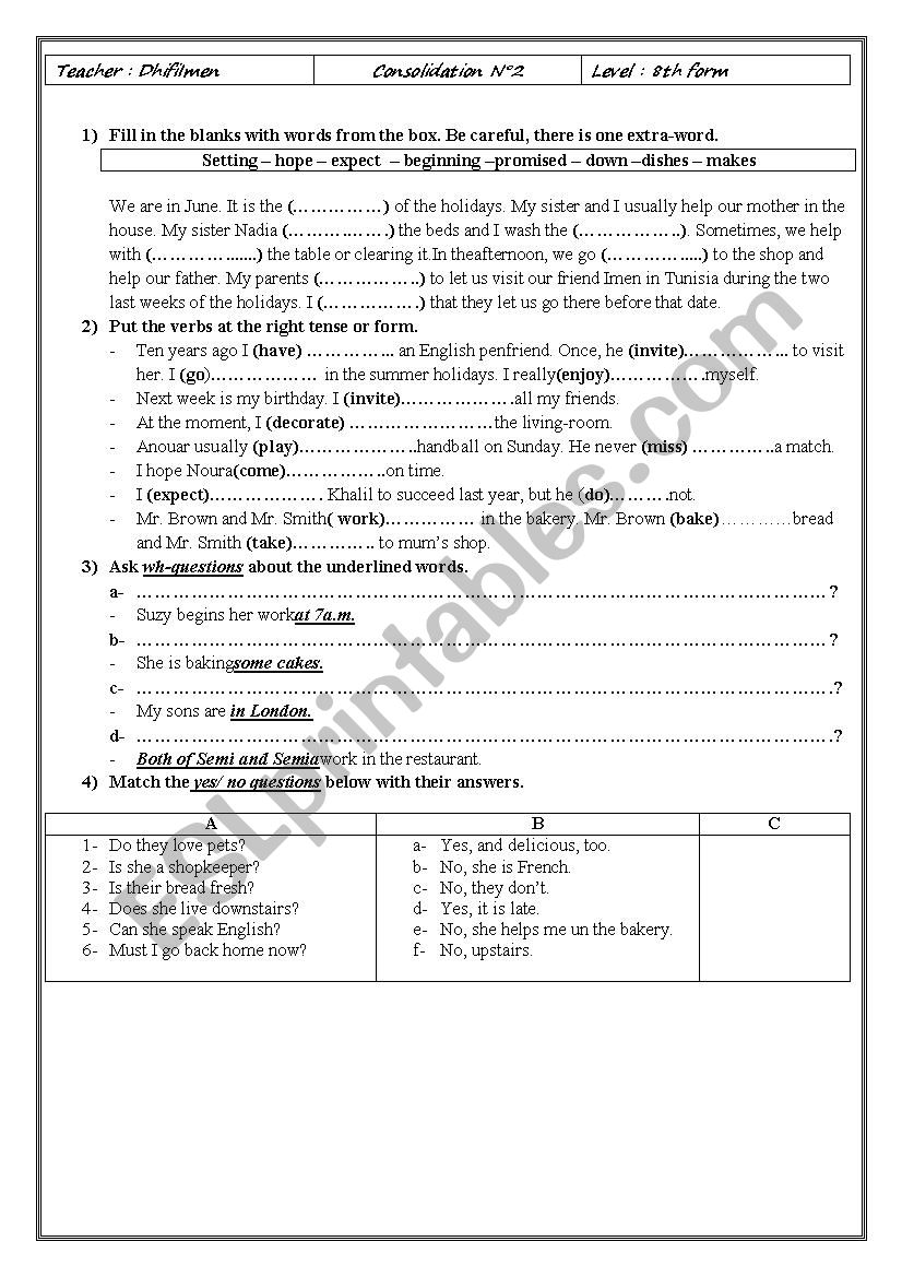 Meeting the Bowns worksheet