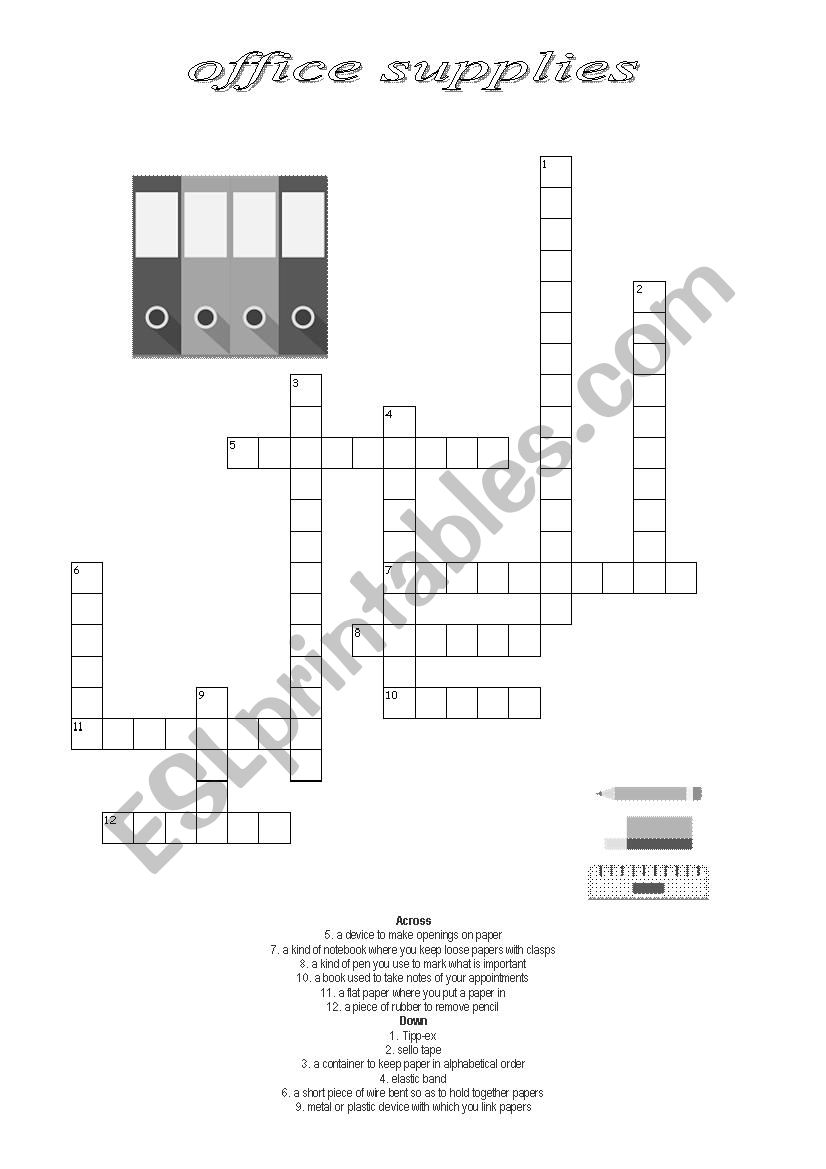 office supplies crossword worksheet