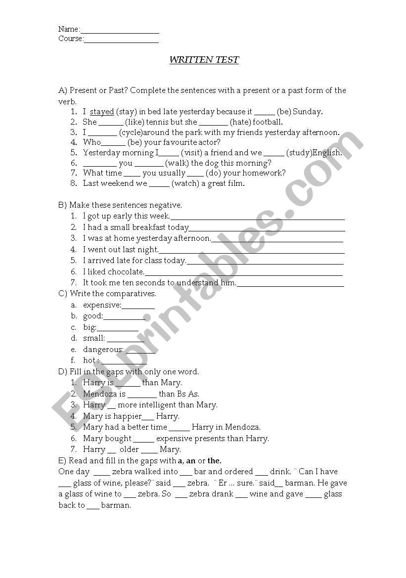 PAST worksheet