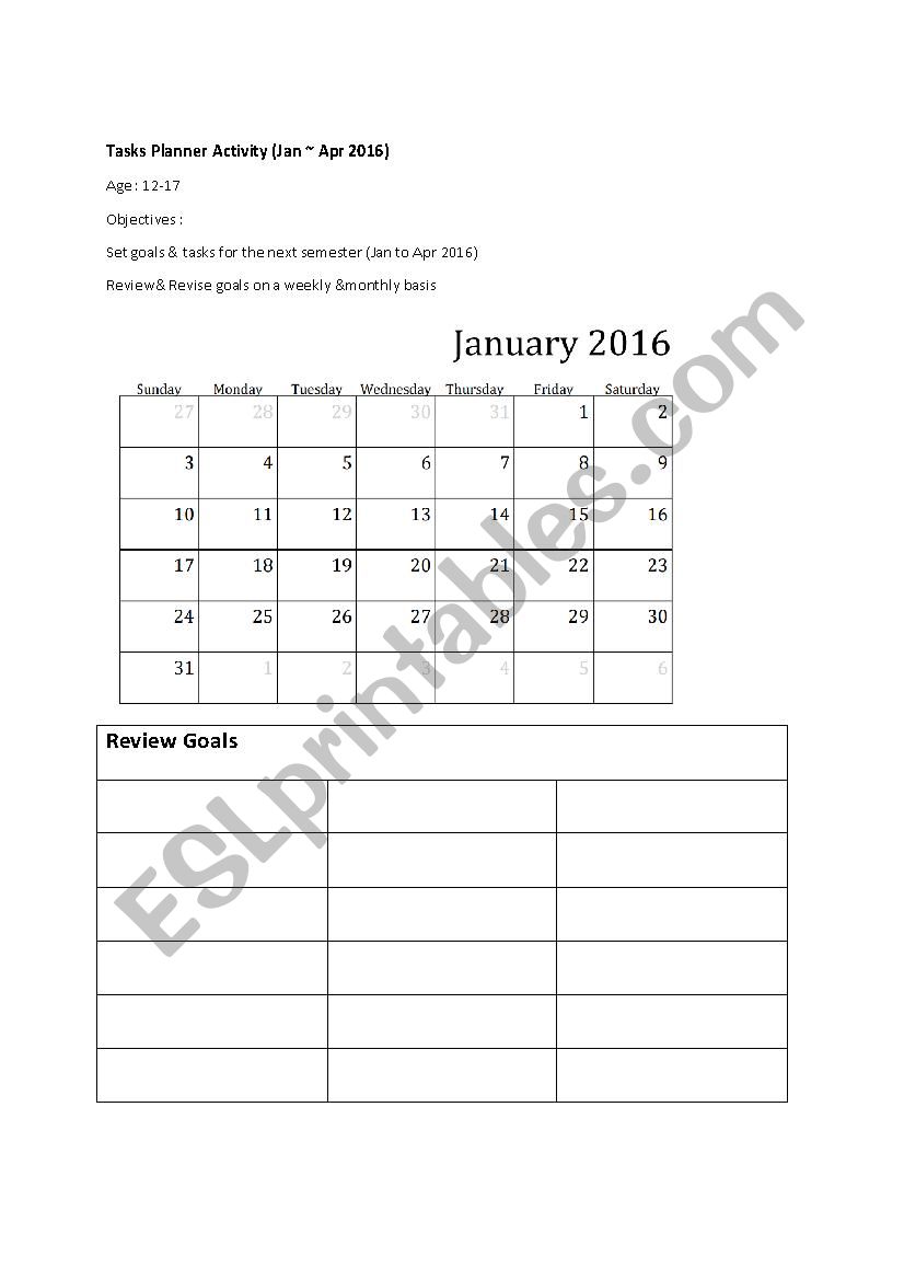 Tasks Planner 2016 (Jan to Apr)