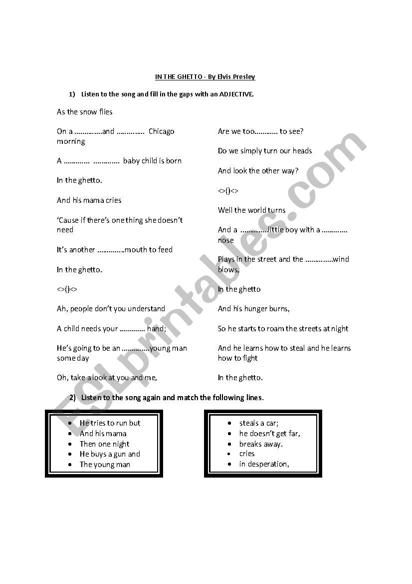 In The Ghetto - Elvis Presley worksheet