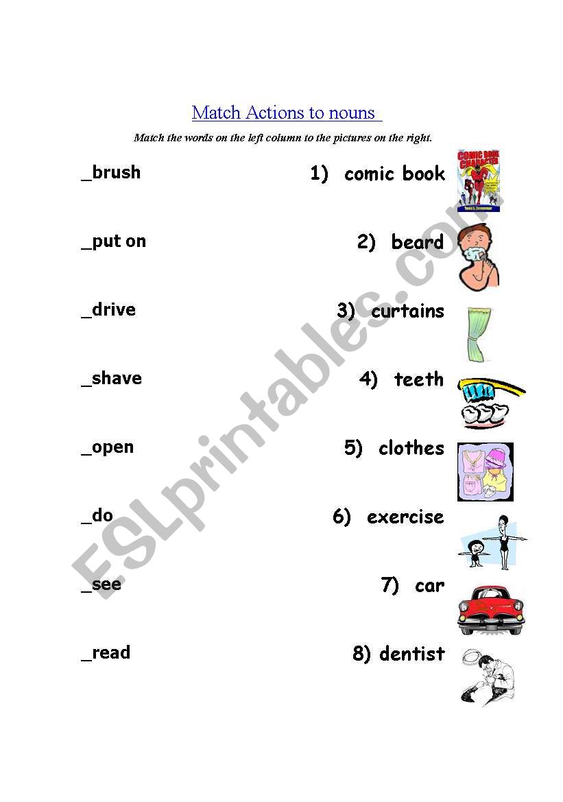 Match Actions to nouns  worksheet