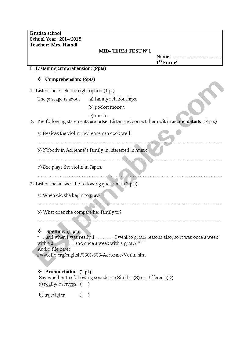 Mid term test n1 First form worksheet