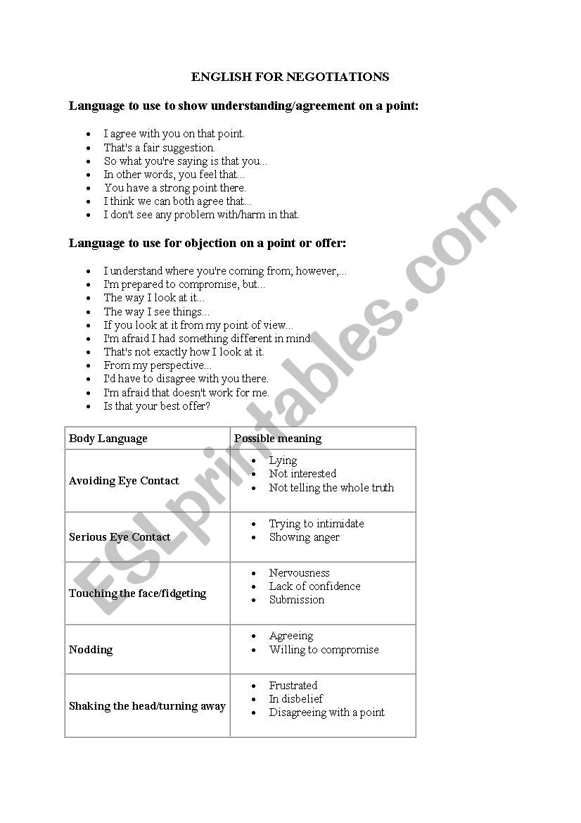 English for negotiations worksheet