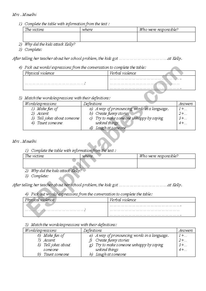 violence at school worksheet