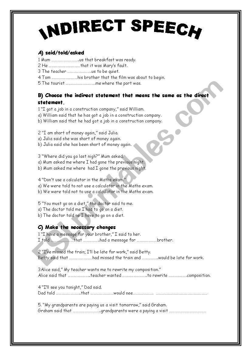 INDIRECT SPEECH worksheet