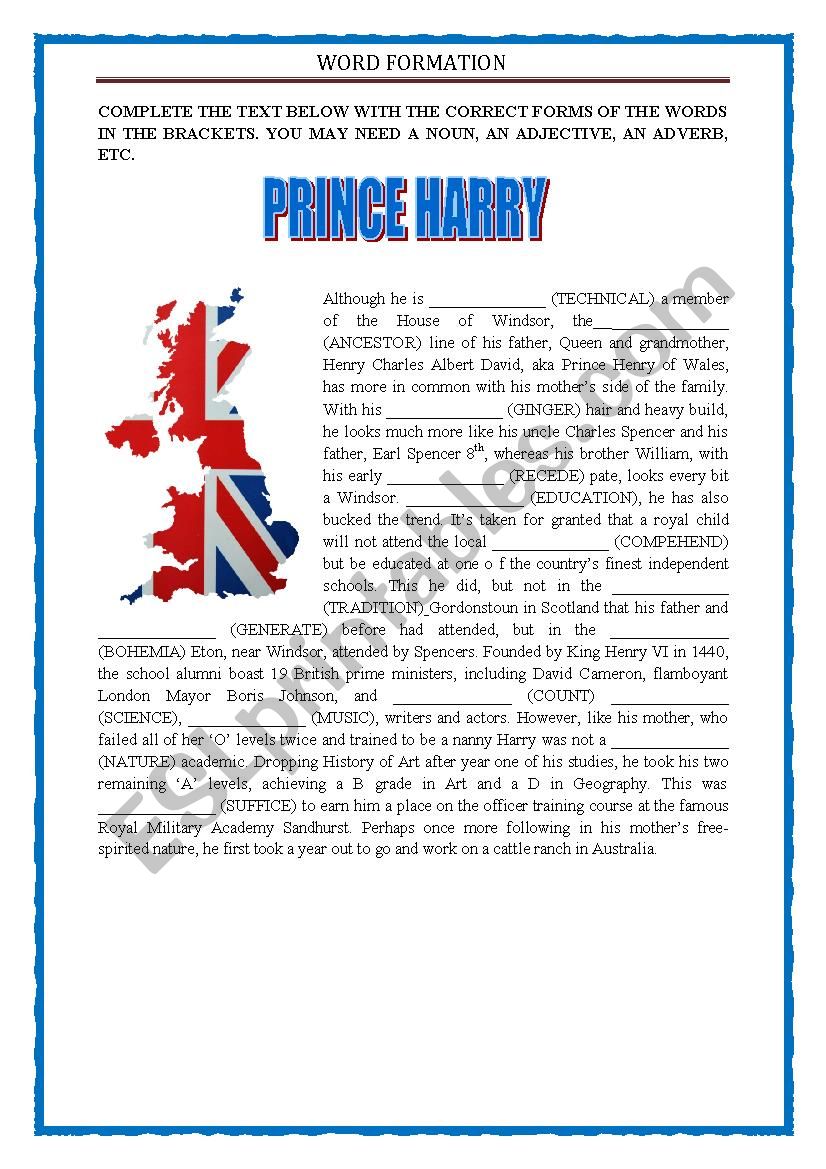 Prince Harry Word Formation worksheet