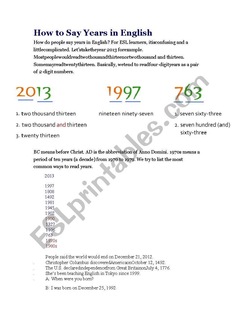 How to read years worksheet