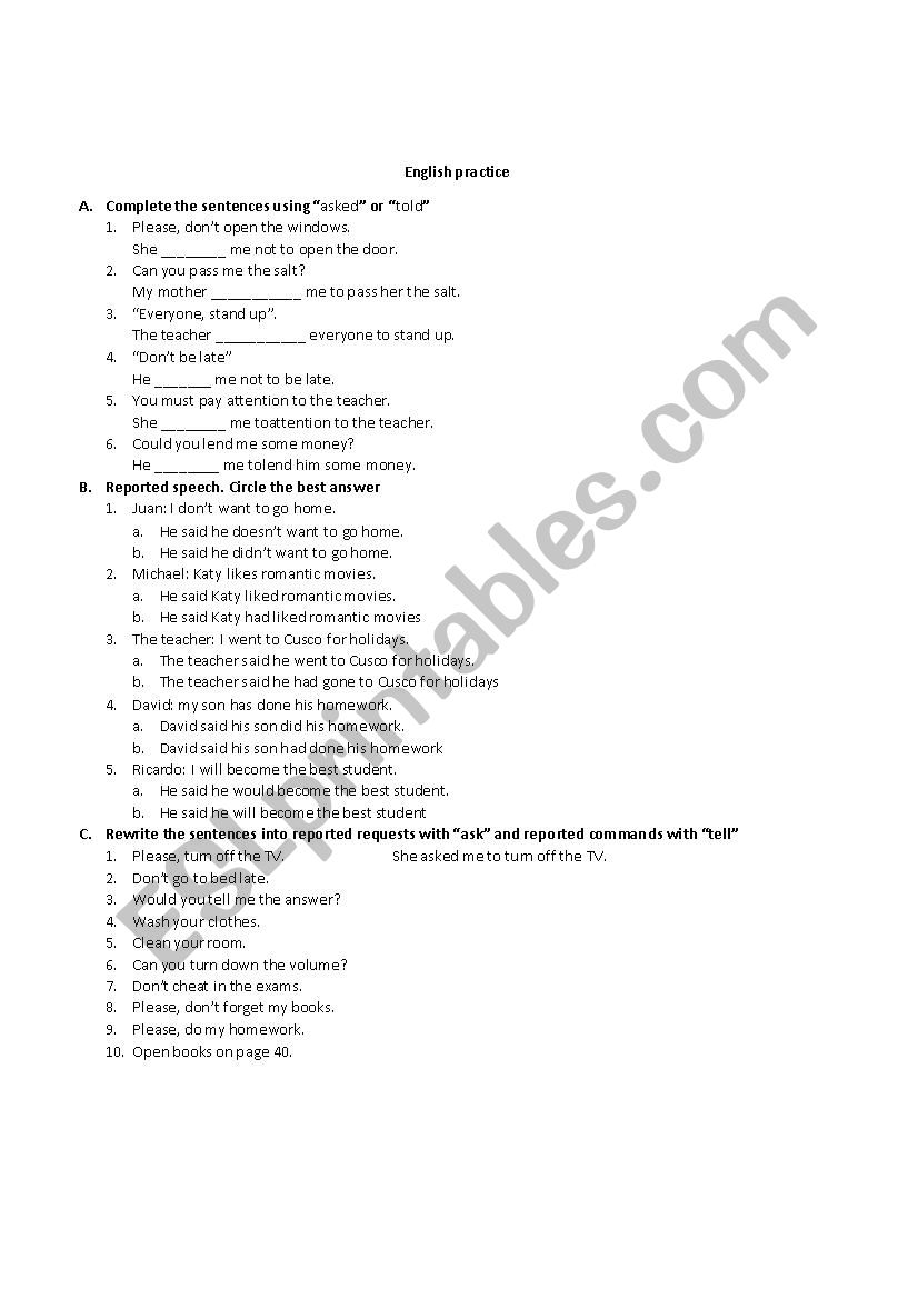 REPORTED QUESTIONS worksheet