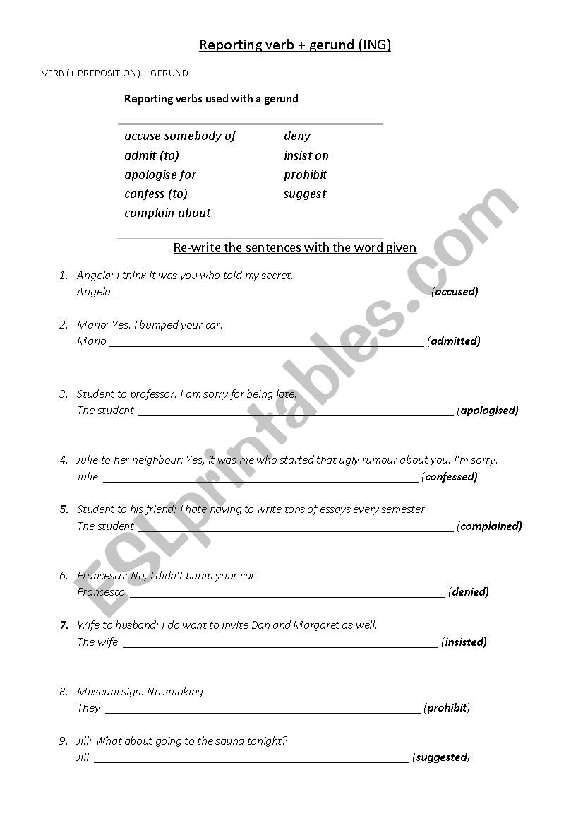 REPORTING VERBS +ING worksheet