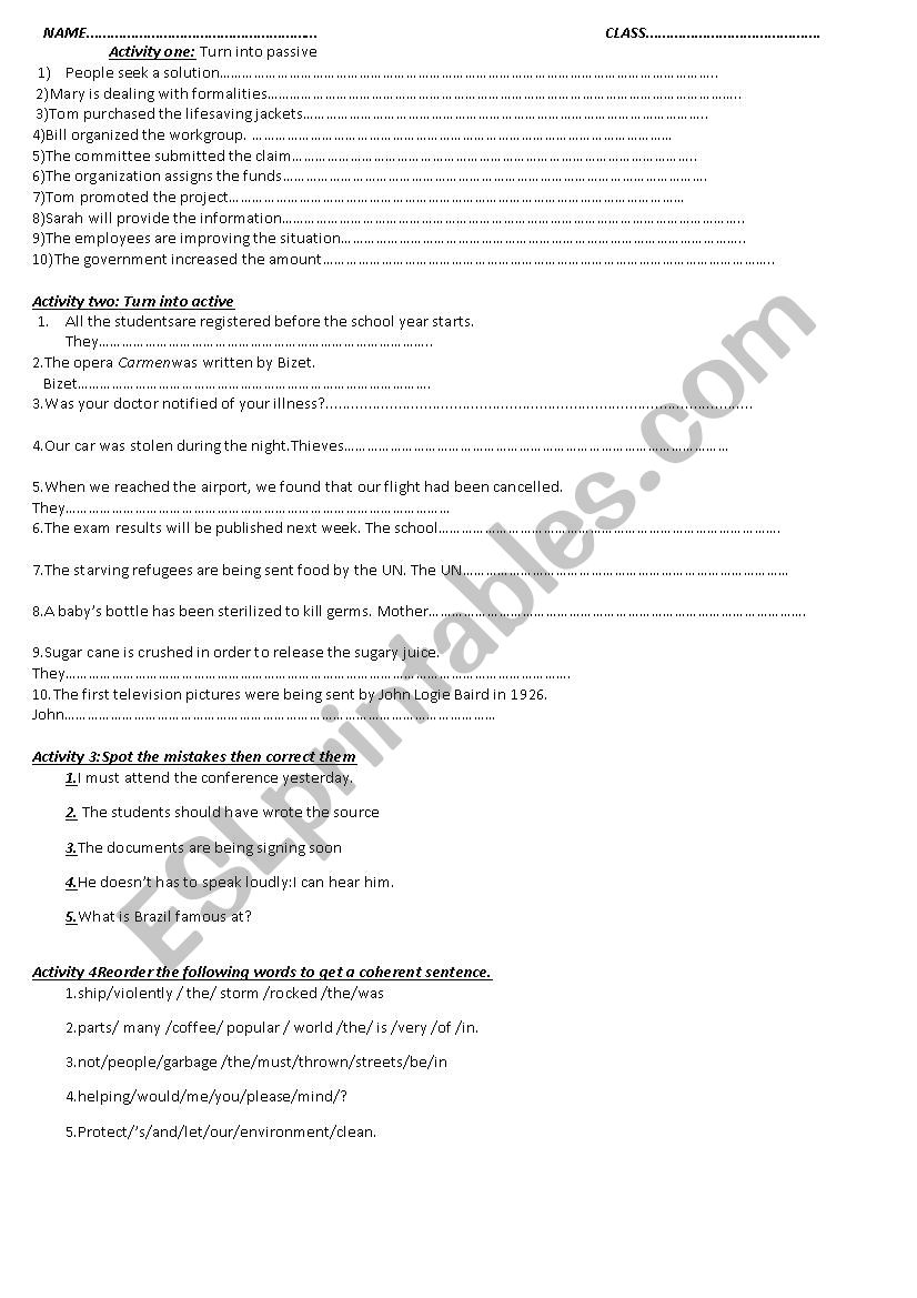 test passive worksheet