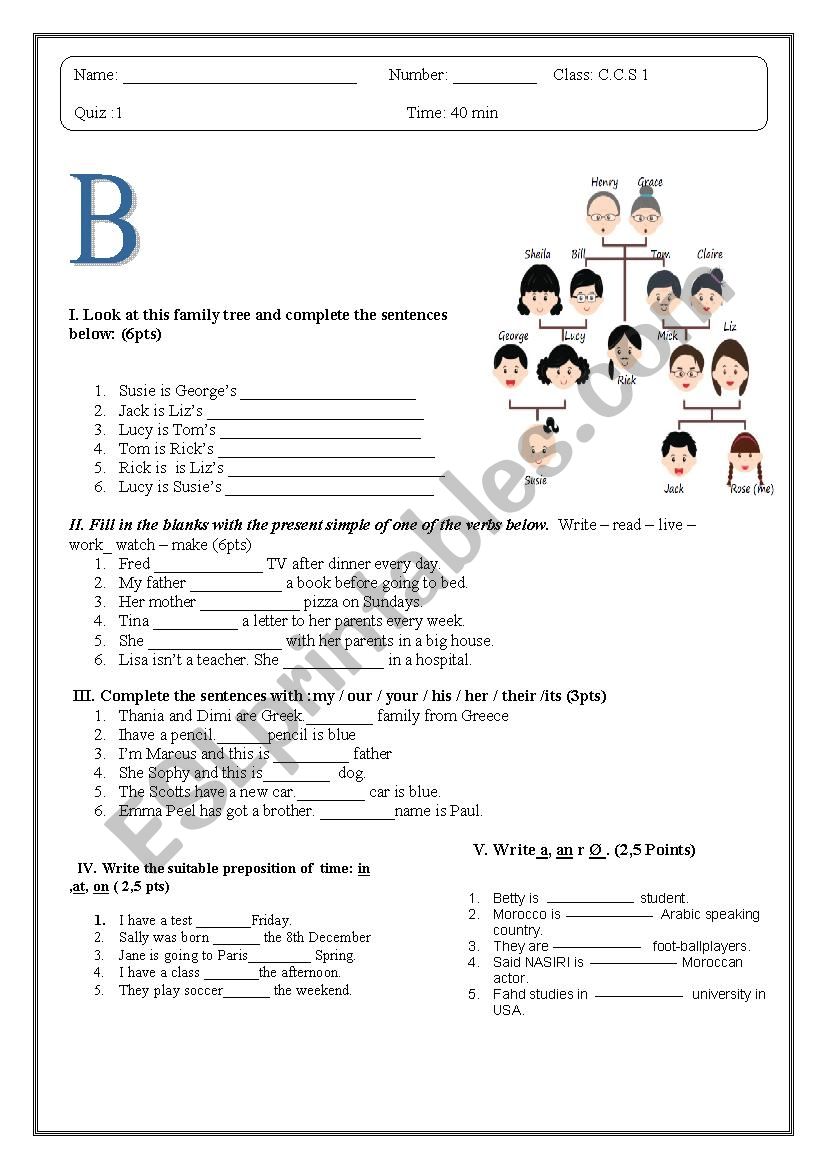 1st quiz for common core students (a family tree, simple present, prepositions