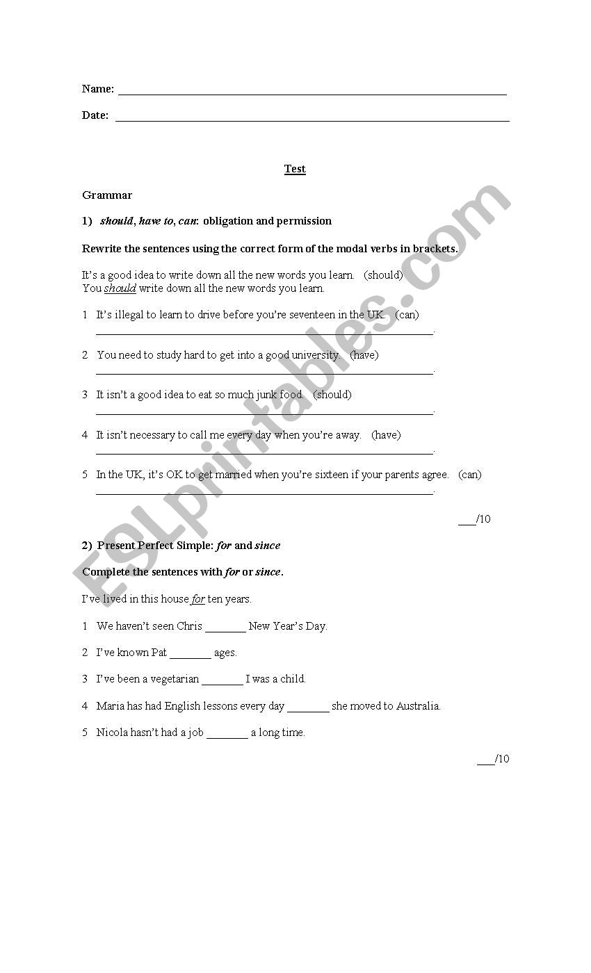 test - exam worksheet