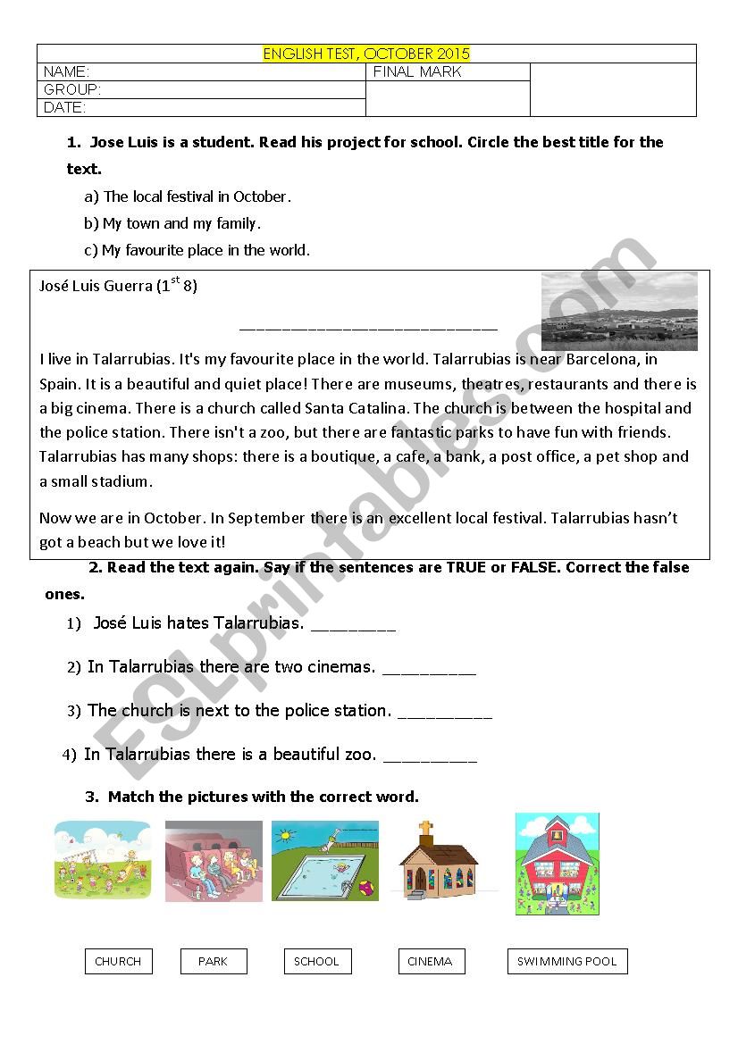 test on places worksheet