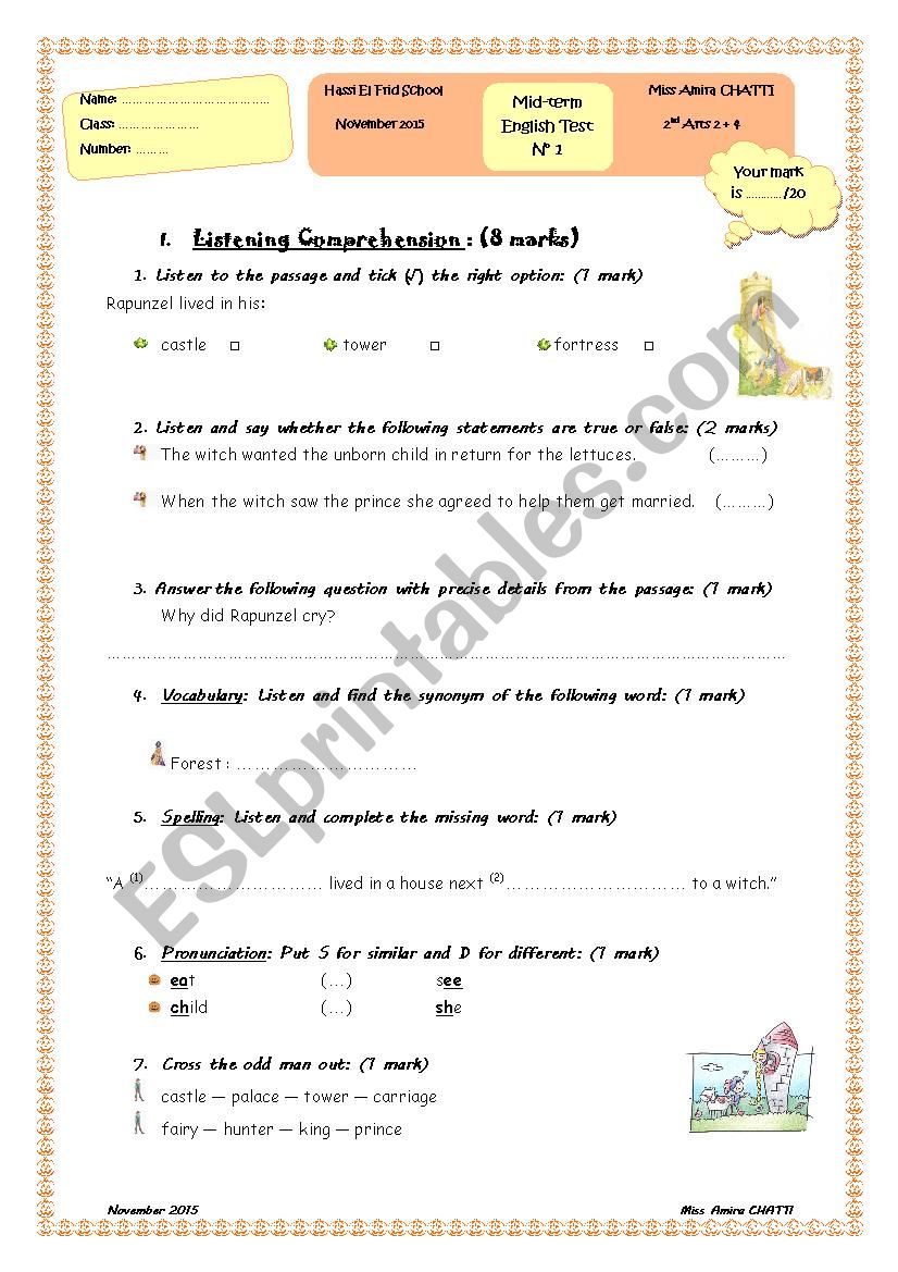 Mid-term Eng Test Second Arts worksheet