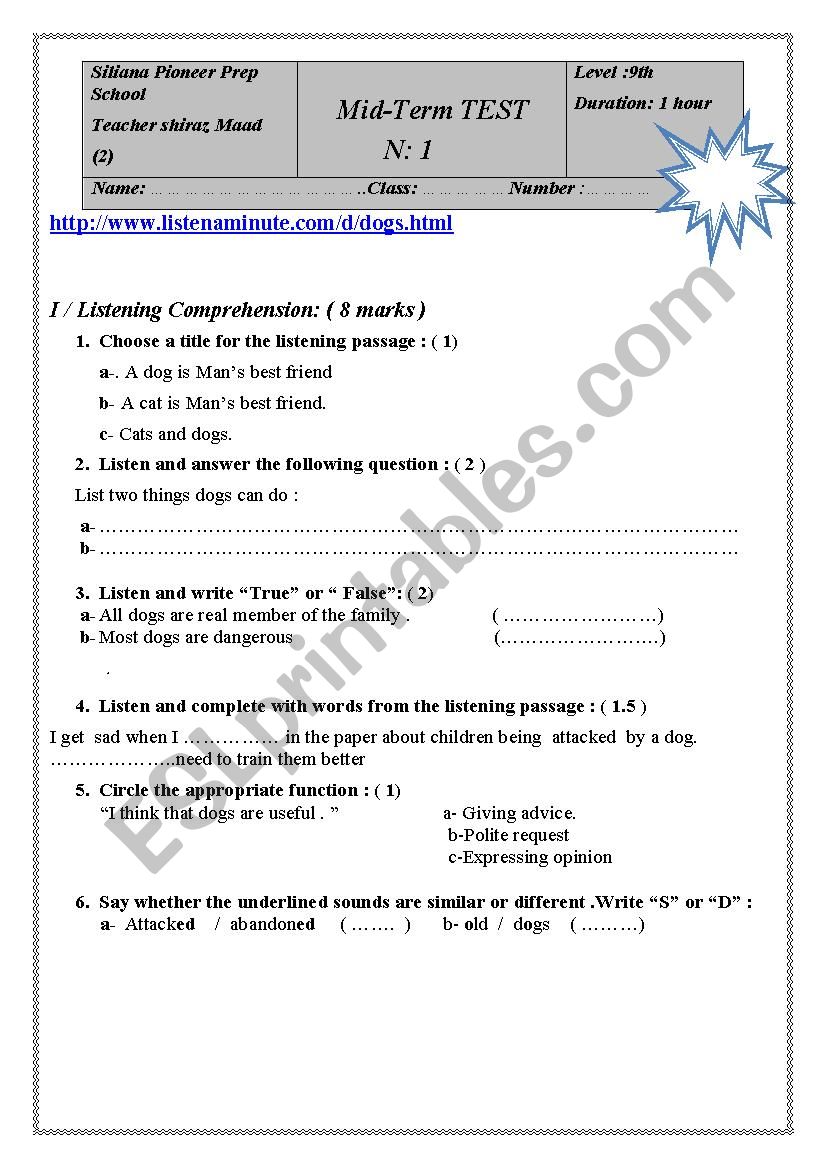 mid term test 1 9th graders  2