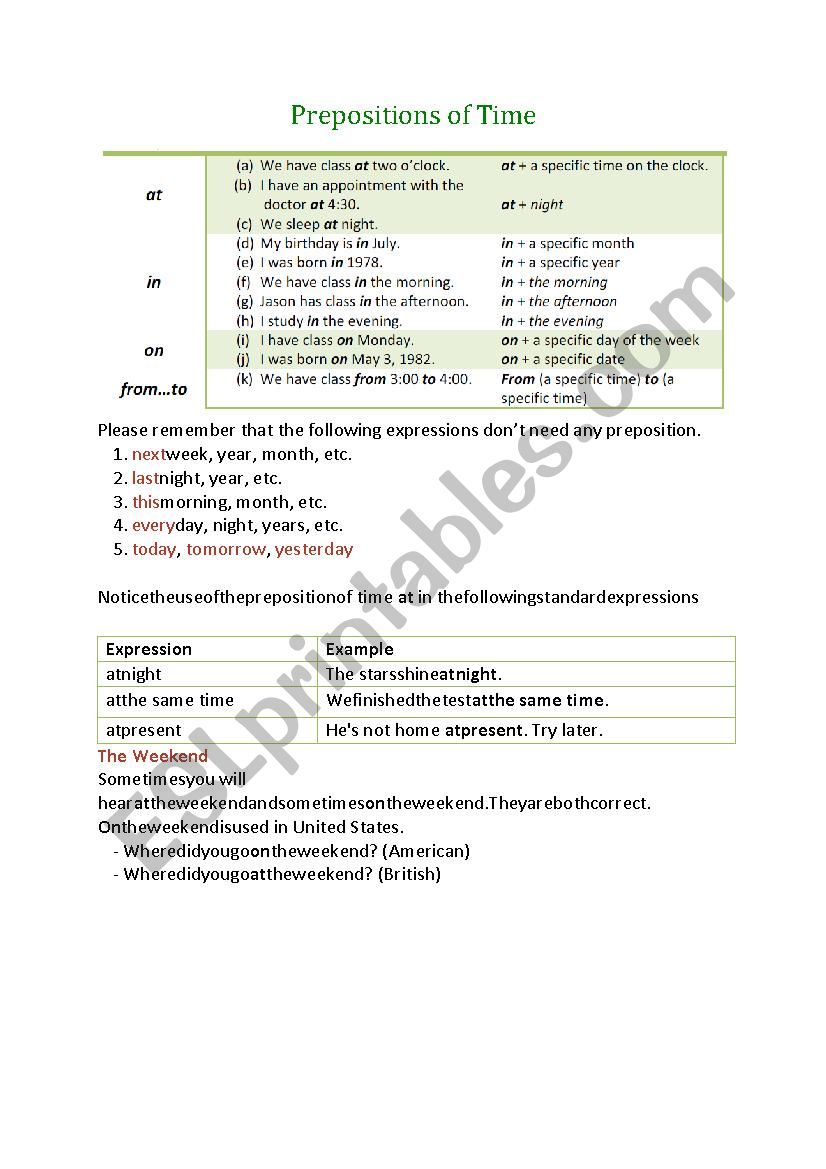 Preposition of Time worksheet