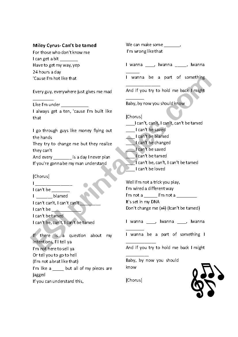 Miley Cyrus - Cant be tamed worksheet