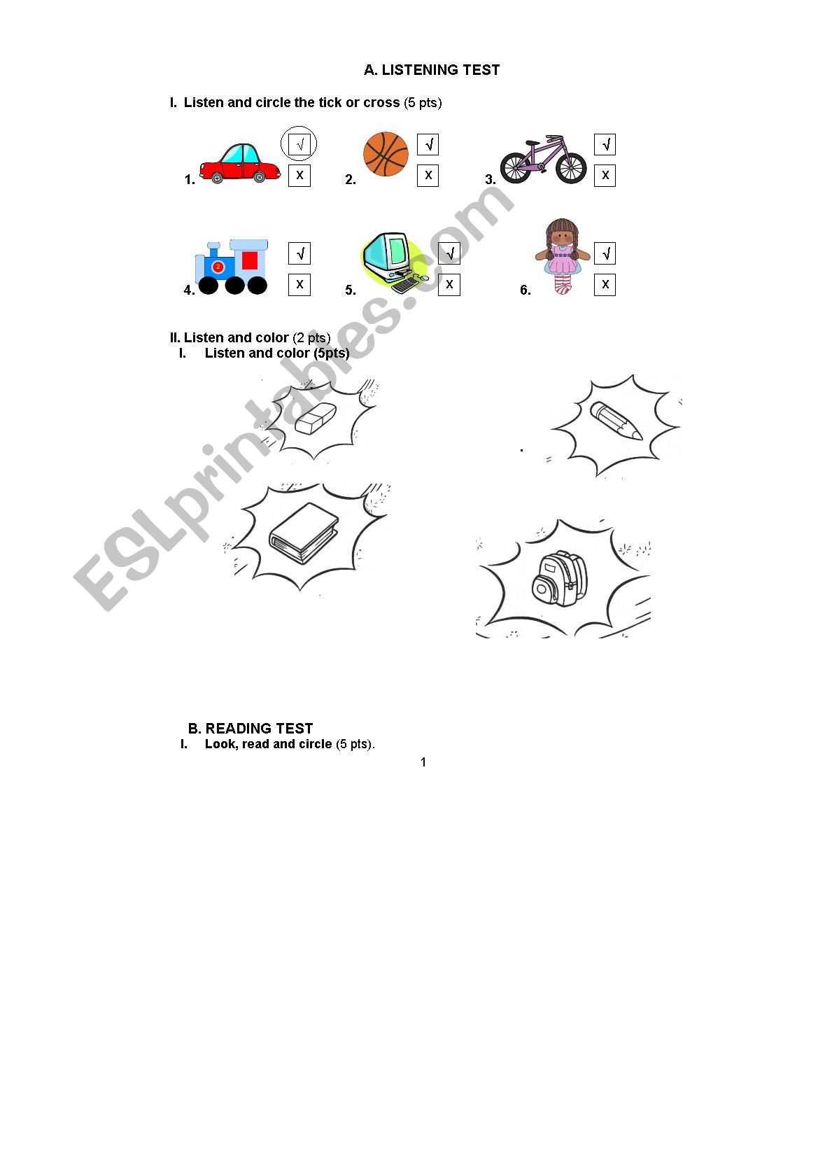 GRADE 1 : test  worksheet