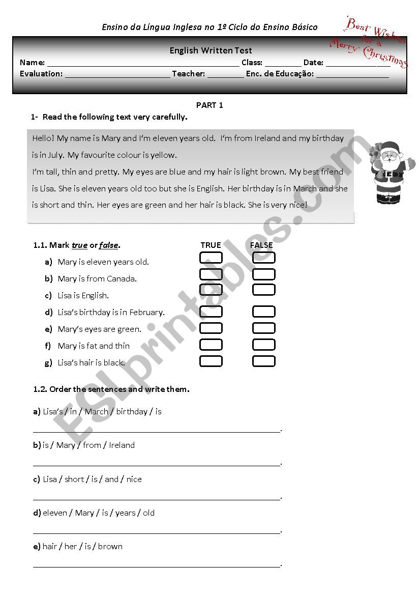 English test 4th graders worksheet