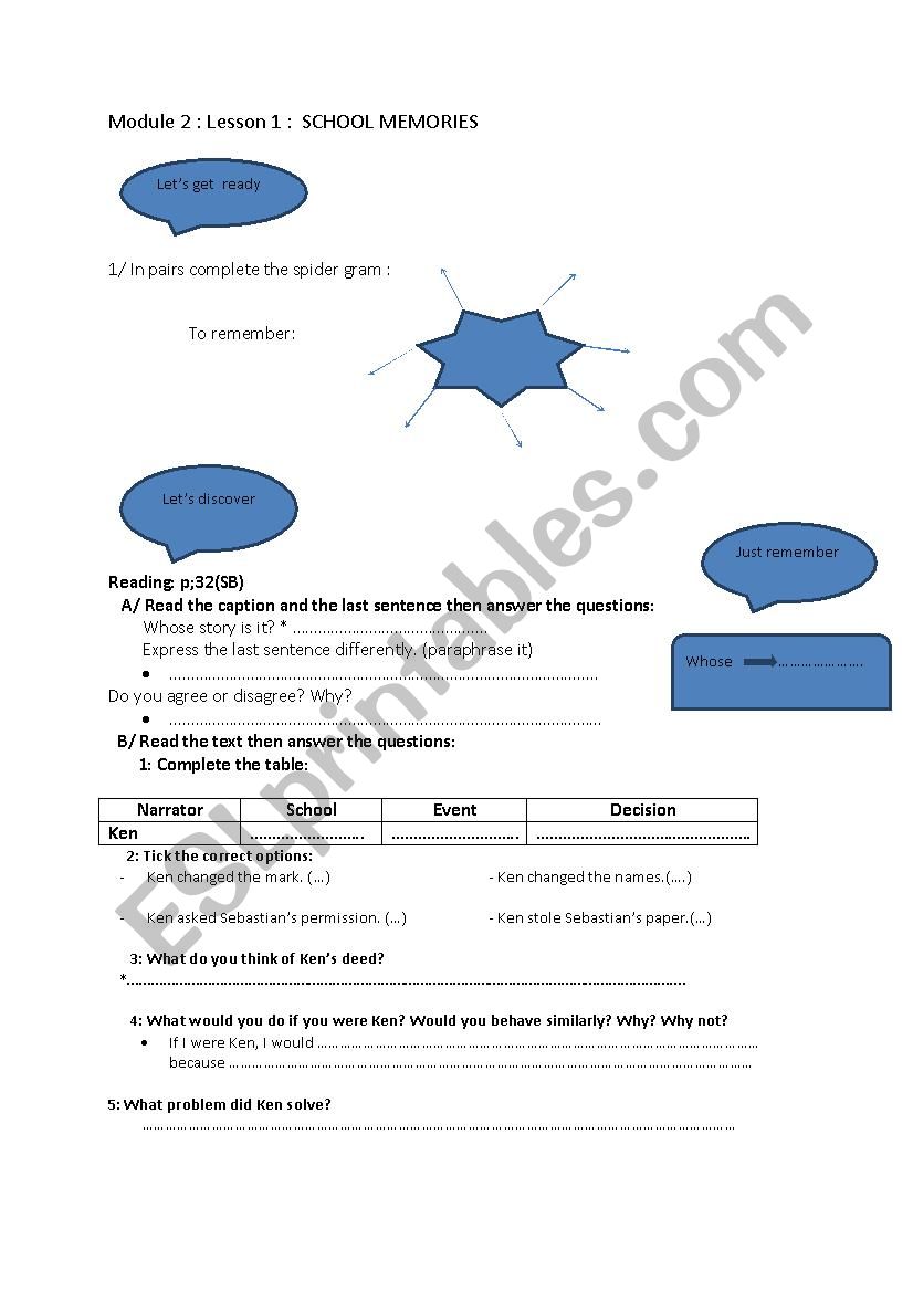 9th form sheets about module 2 lesson 1 school memries