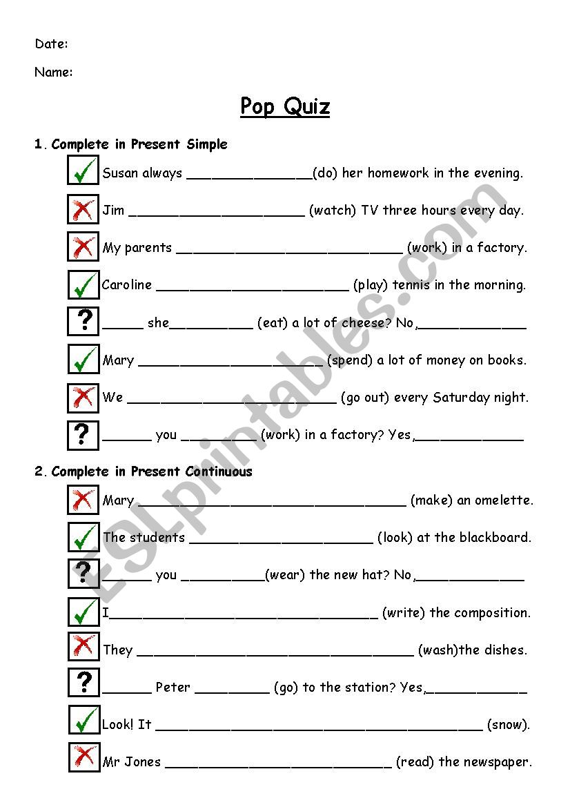 Present Simple and Present Continuous - pop quiz