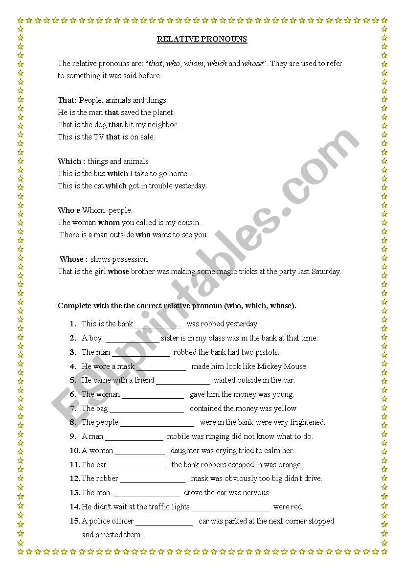 Relative Pronouns worksheet