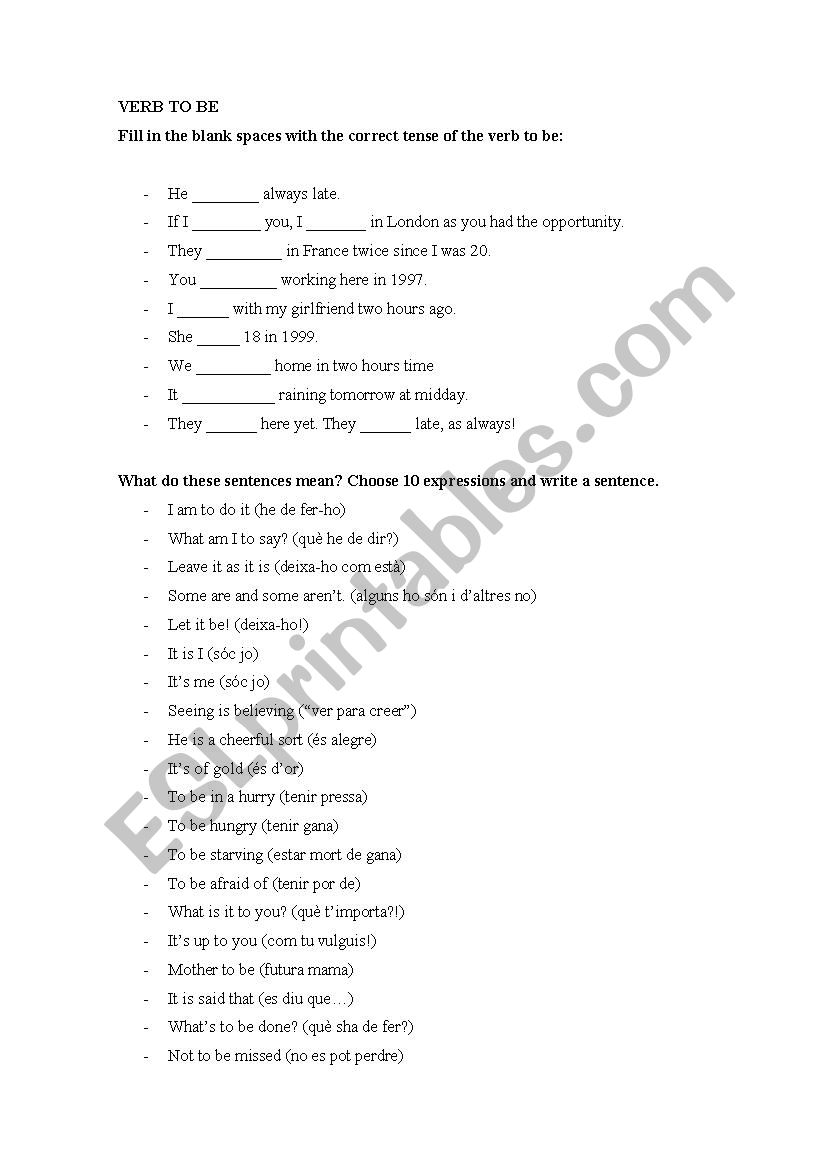 Expressions with Verb to BE worksheet