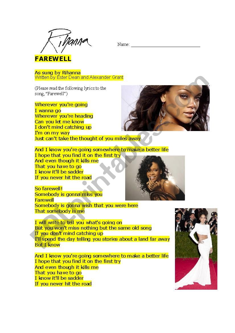 Rihanna - Farewell 1 worksheet