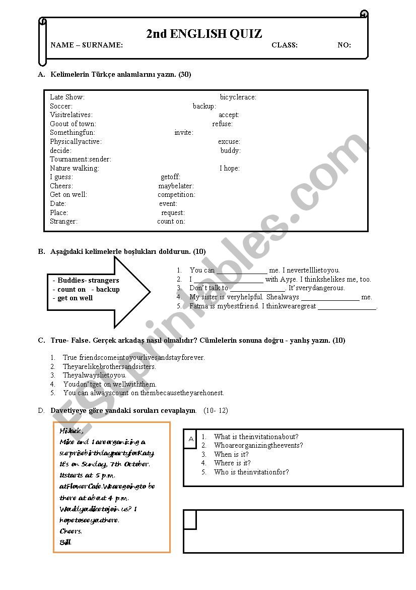 friendship quiz for teog worksheet